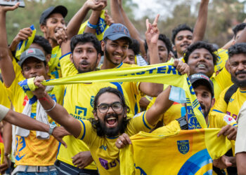 Kerala Blasters FC fans before the Final match of season 8 of HERO INDIAN SUPER LEAGUE played between Hyderabad FC and Kerala Blasters FC at the Fatorda stadium in Goa, India, on 20th March 2022.


Photo: Faheem Hussain/Focus Sports/ ISL