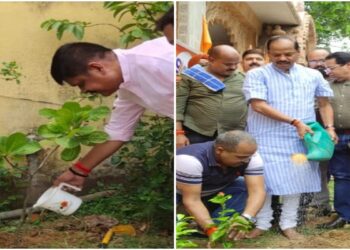 झारखंड के पूर्व सीएम रघुवर दास और जिला परिषद के पूर्व वाइस चेयरमैन राजकुमार सिंह पौधरोपण करते हुये.