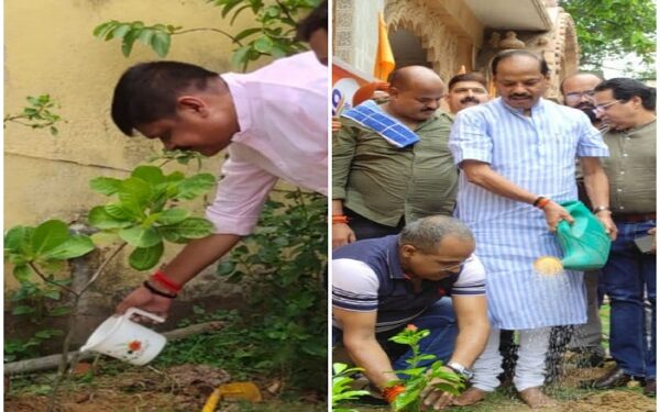 झारखंड के पूर्व सीएम रघुवर दास और जिला परिषद के पूर्व वाइस चेयरमैन राजकुमार सिंह पौधरोपण करते हुये.