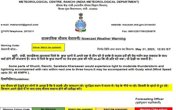 रांची मौसम विभाग की ओर से जारी की गयी पूर्वानुमान की कॉपी.